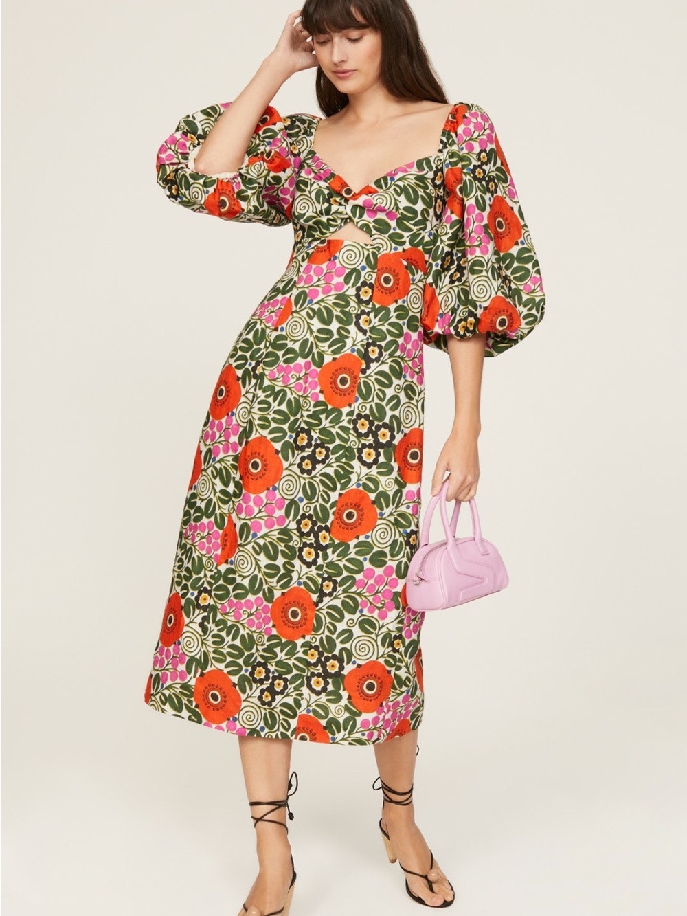 RHODE 100% linen Floral Midi Dress in White, Pink, Green size 6
